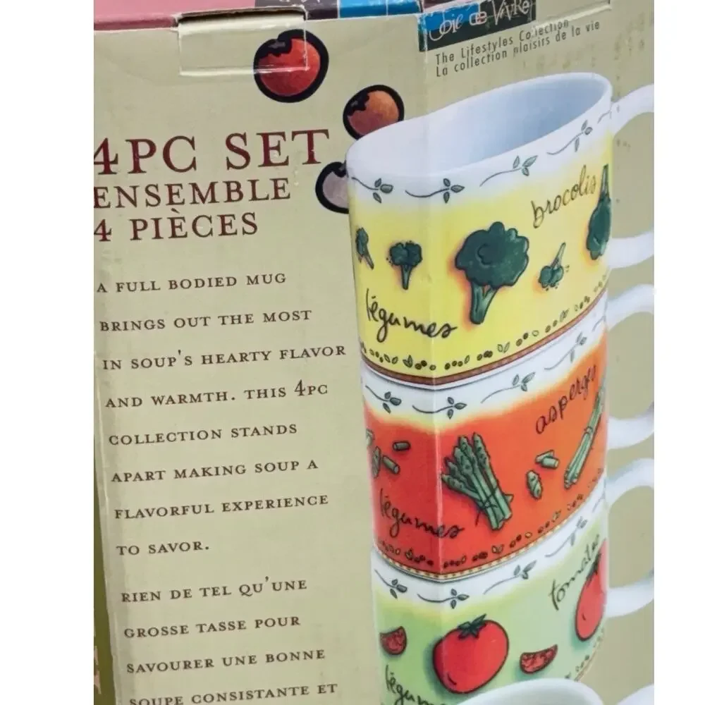 4pc‎ Stackable Soup Mugs Set MSC Vegetable Ceramic Jocha Tea Coffee 14oz NOS VTG